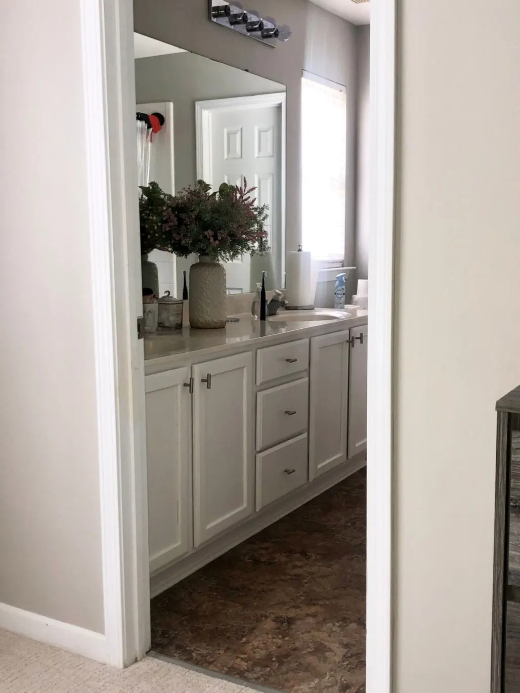 Bathroom with a white vanity seen through a freshly painted doorway